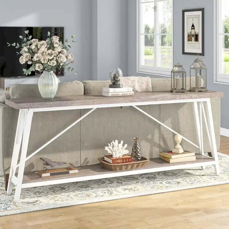 Rustic Brown Industrial Console Table with 2-Tier Storage