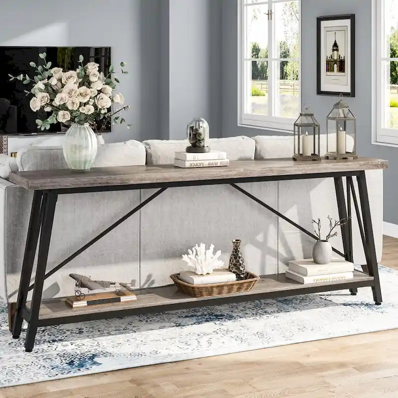 Rustic Brown Industrial Console Table with 2-Tier Storage
