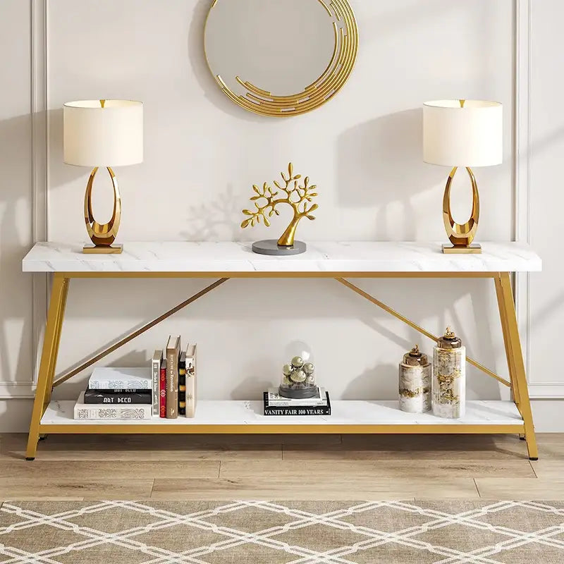 Rustic Brown Industrial Console Table with 2-Tier Storage