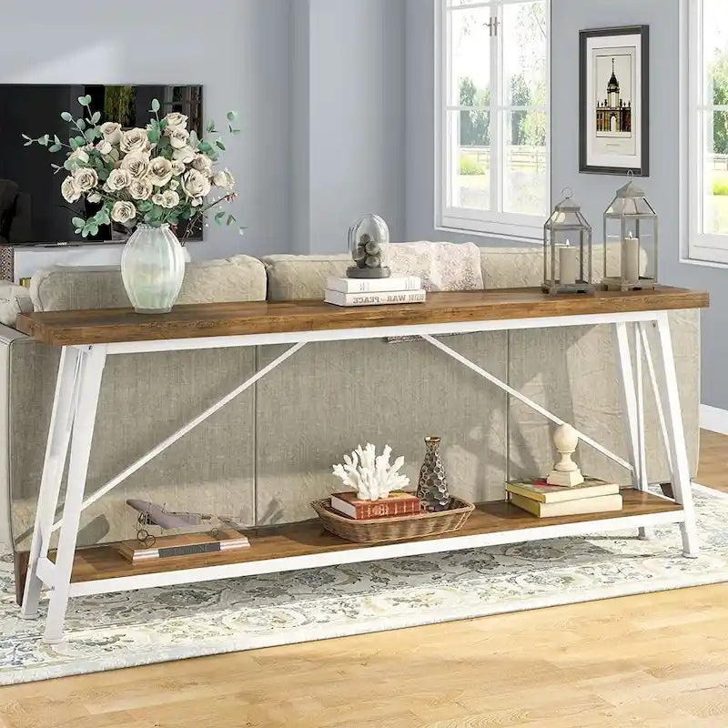 Rustic Brown Industrial Console Table with 2-Tier Storage