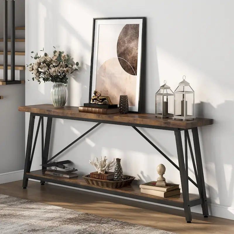 Rustic Brown Industrial Console Table with 2-Tier Storage