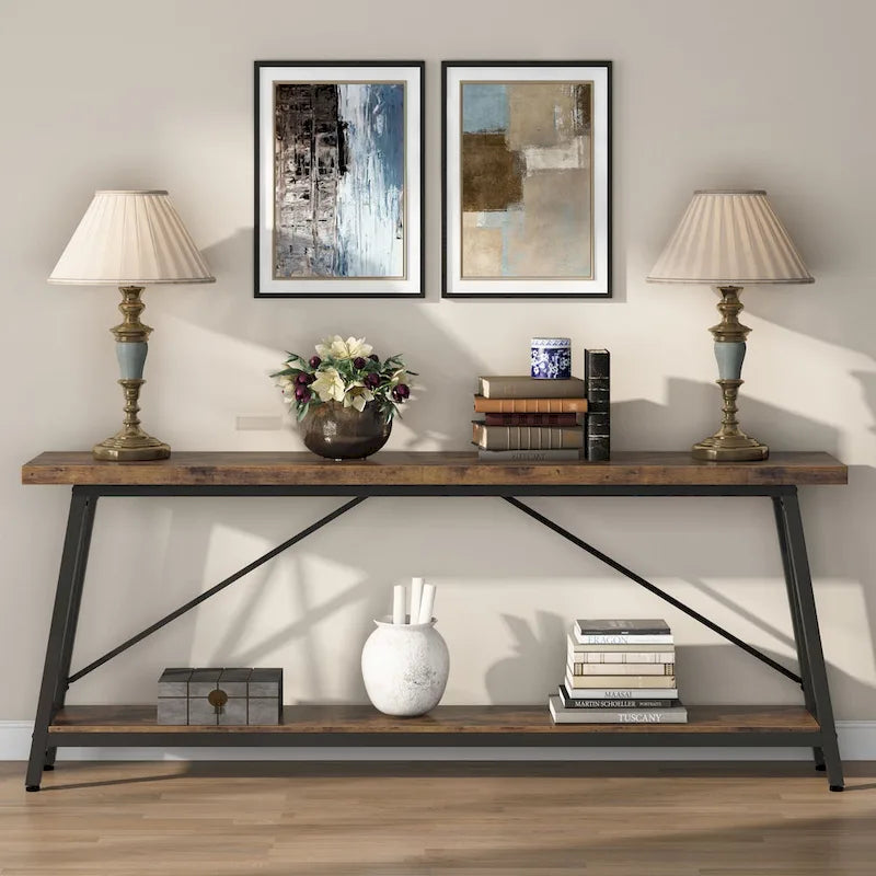 Rustic Brown Industrial Console Table with 2-Tier Storage
