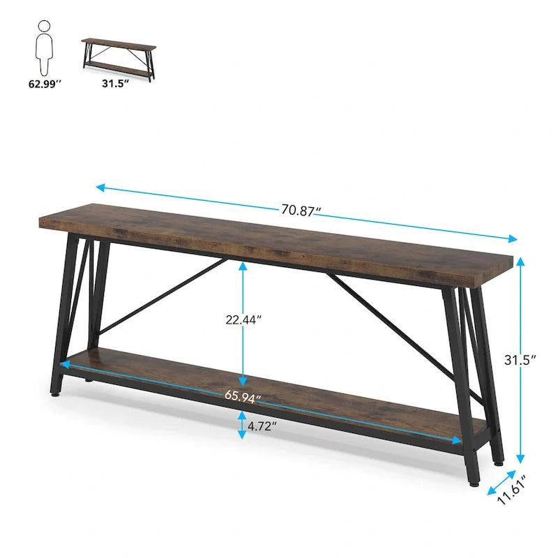 Rustic Brown Industrial Console Table with 2-Tier Storage