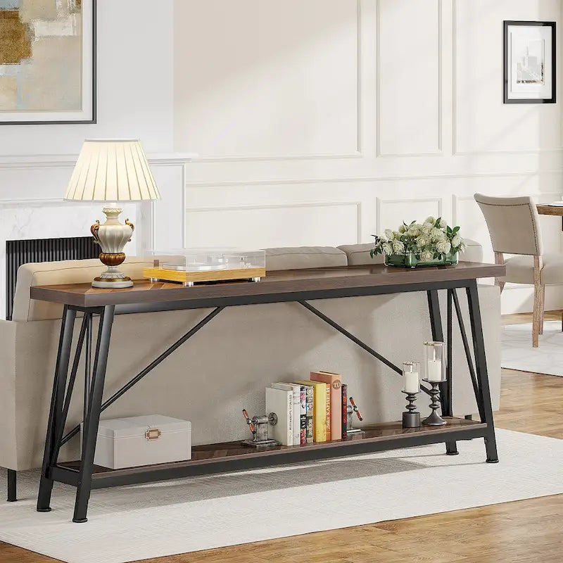 Rustic Brown Industrial Console Table with 2-Tier Storage