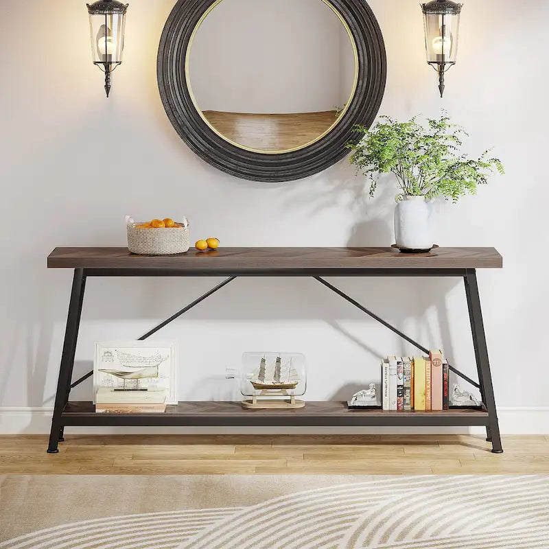 Rustic Brown Industrial Console Table with 2-Tier Storage