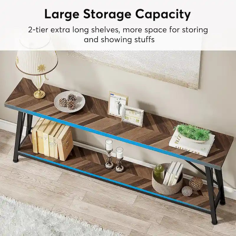 Rustic Brown Industrial Console Table with 2-Tier Storage
