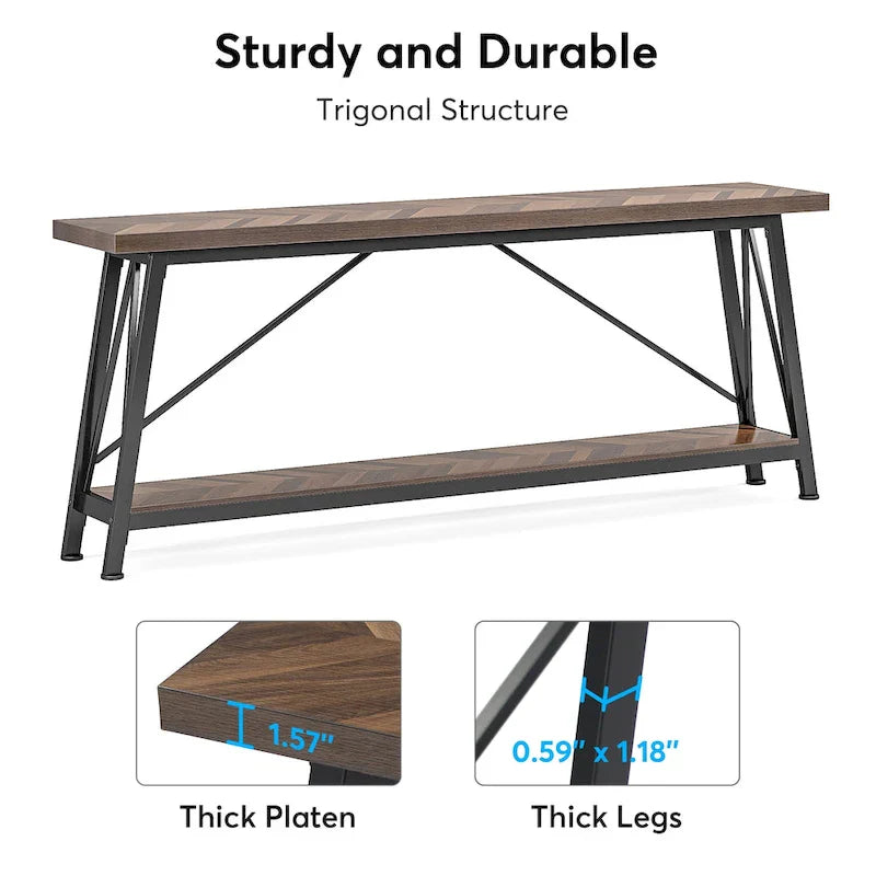 Rustic Brown Industrial Console Table with 2-Tier Storage