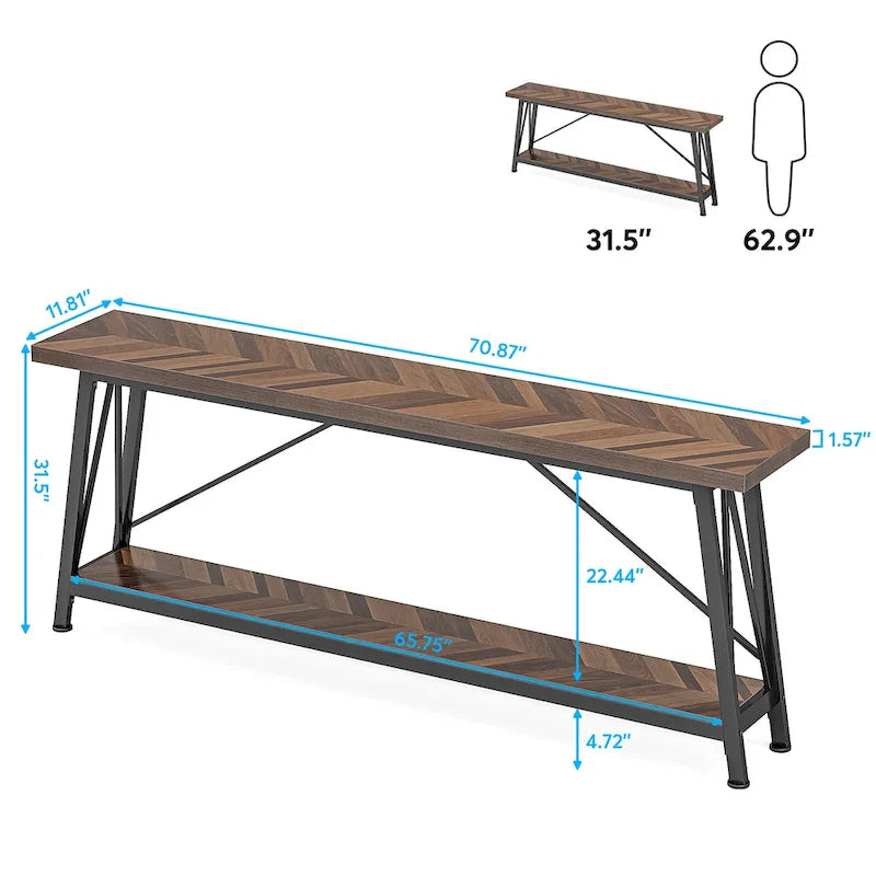 Rustic Brown Industrial Console Table with 2-Tier Storage