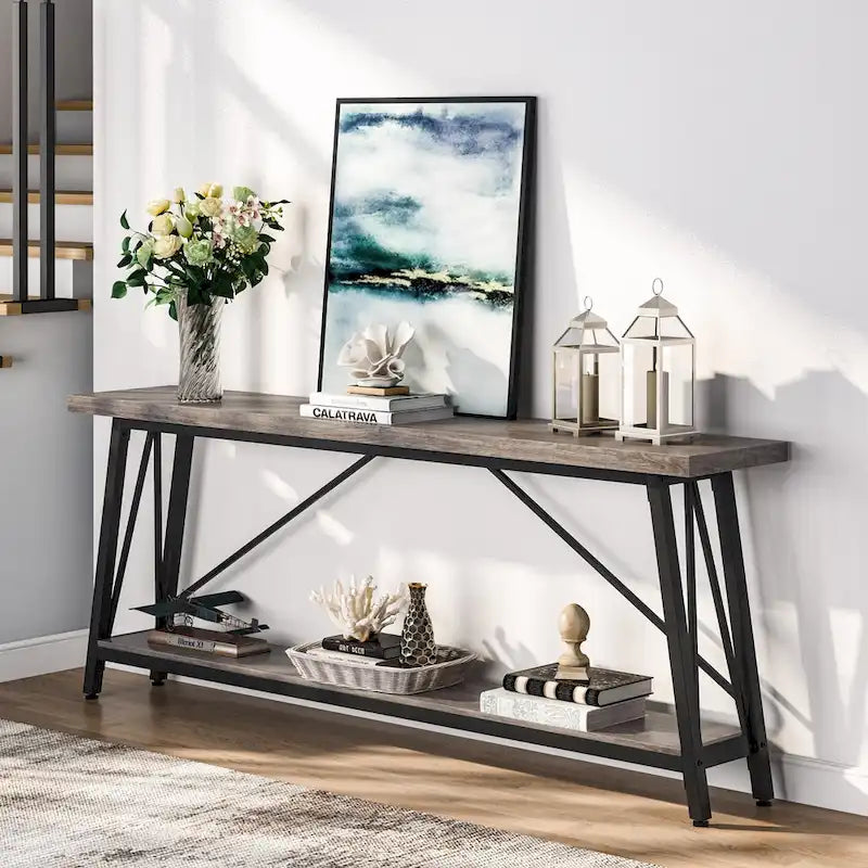 Rustic Brown Industrial Console Table with 2-Tier Storage