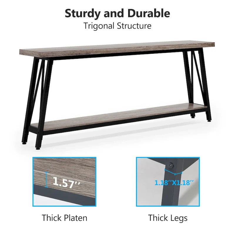 Rustic Brown Industrial Console Table with 2-Tier Storage