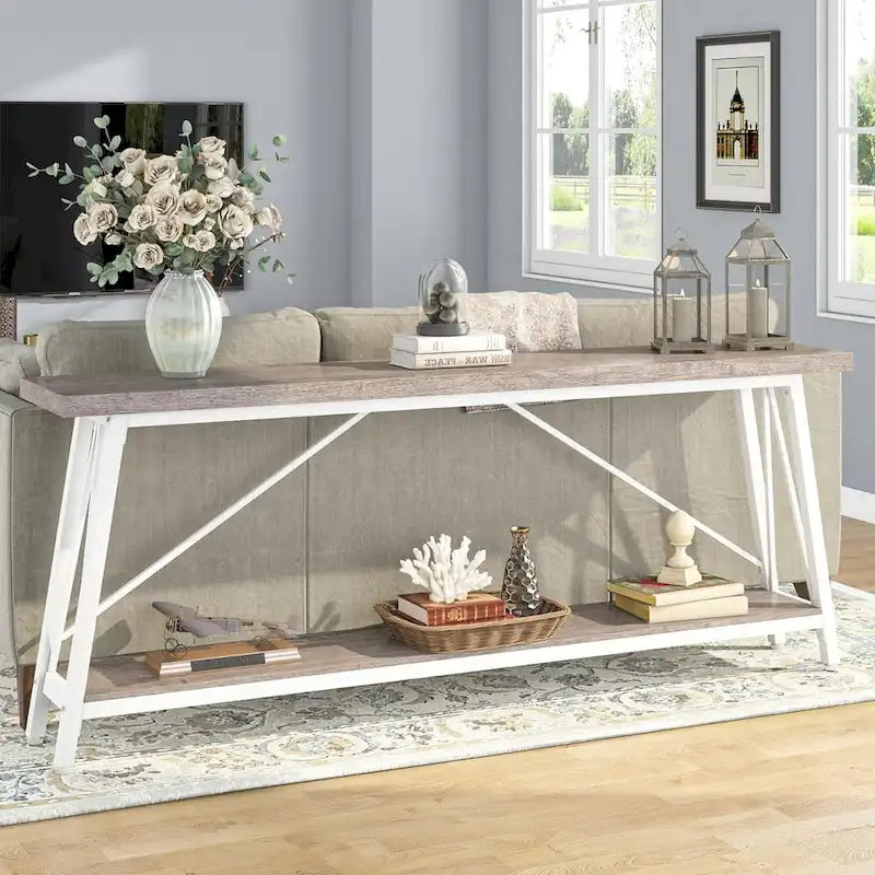 Rustic Brown Industrial Console Table with 2-Tier Storage
