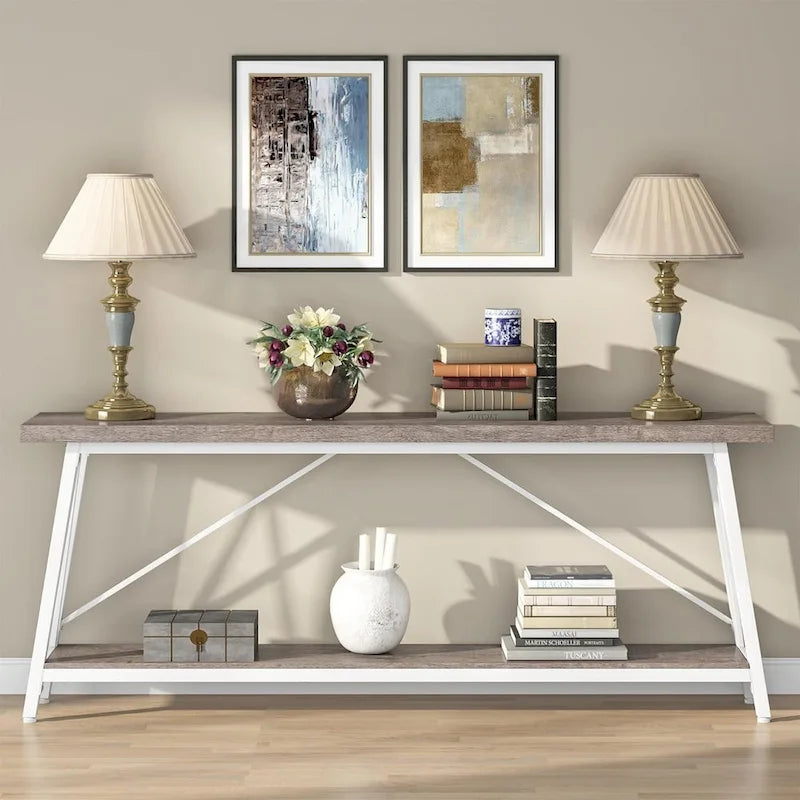 Rustic Brown Industrial Console Table with 2-Tier Storage
