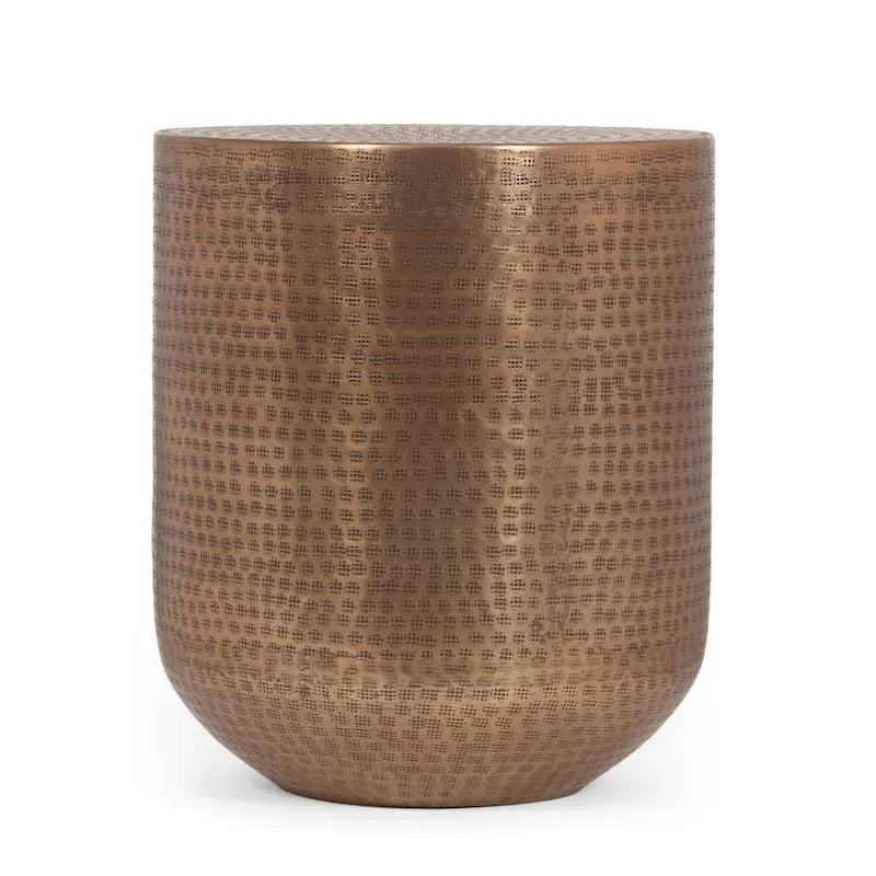 Aged Brass Drum Side Table - Handcrafted Aluminum with Hammered Finish