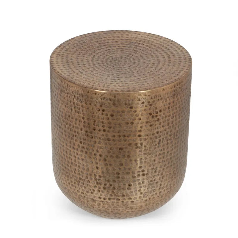 Aged Brass Hammered Aluminum Drum Side Table, 1-Piece