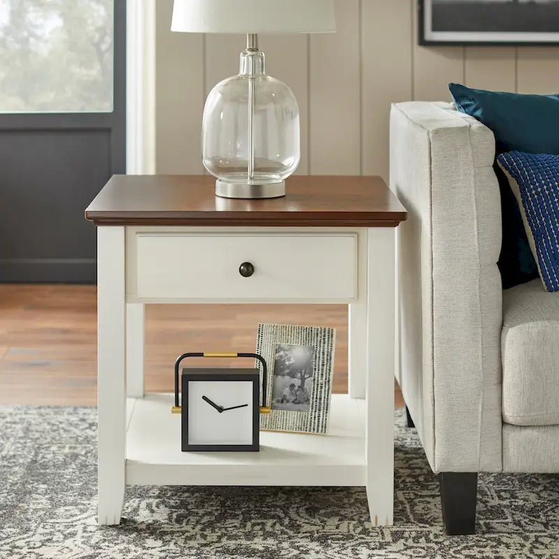 Off-White & Chestnut End Table with Drawer and Shelf