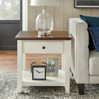 Off-White & Chestnut End Table with Drawer and Shelf