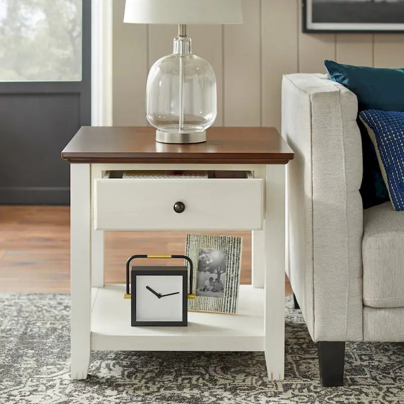 Off-White and Chestnut End Table with Drawer and Shelf