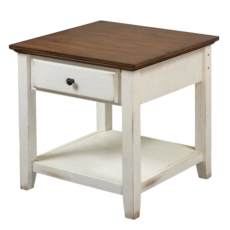 Off-White and Chestnut End Table with Drawer and Shelf