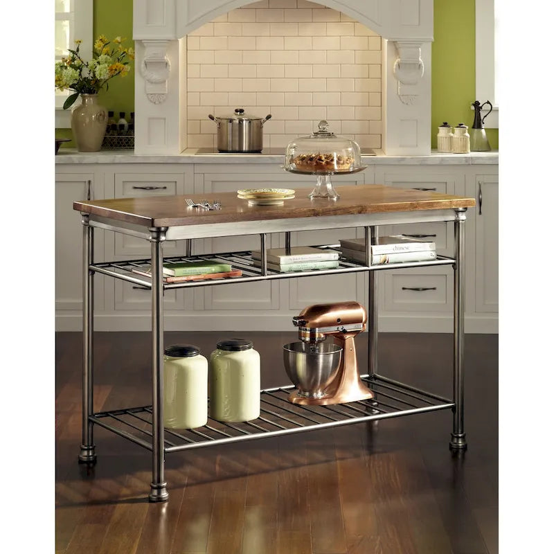 Natural Wood Kitchen Island for 2-4 People with Butcher Block Top and Metal Frame