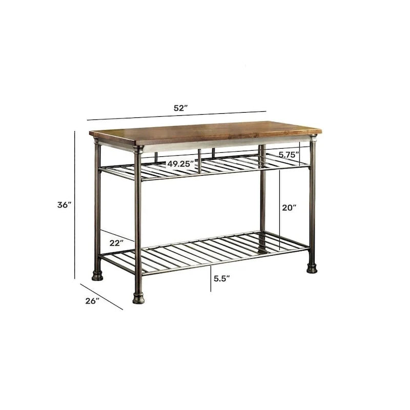 Natural Wood Kitchen Island for 2-4 People with Butcher Block Top and Metal Frame