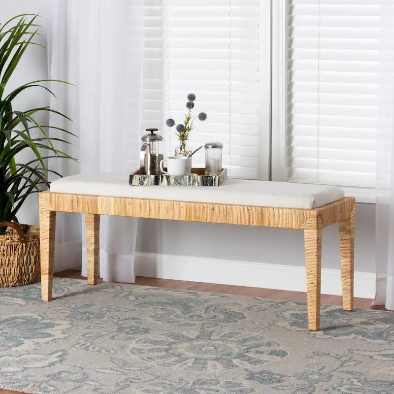 White & Natural Brown Rattan Accent Bench – 1-Seat