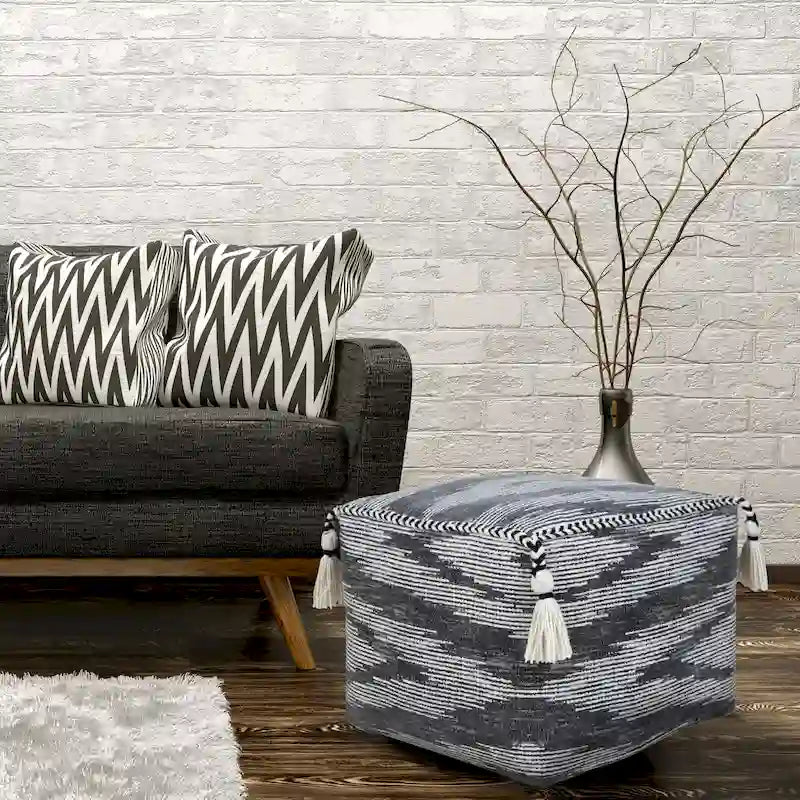 Gray Geometric Pouf Ottoman - Cotton Cube Footstool with Tassels