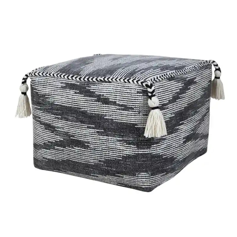 Gray Geometric Pouf Ottoman - Cotton Cube Footstool with Tassels