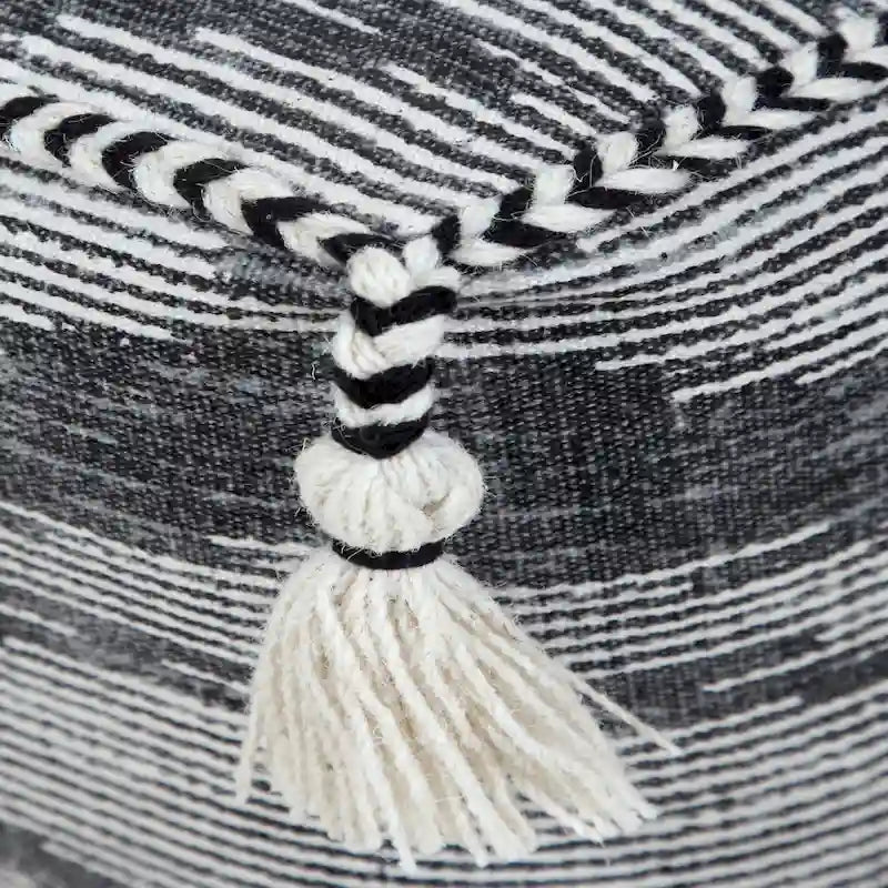 Gray Geometric Pouf Ottoman - Cotton Cube Footstool with Tassels