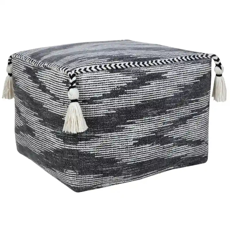 Gray Geometric Pouf Ottoman - Cotton Cube Footstool with Tassels
