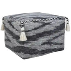 Gray Geometric Pouf Ottoman - Cotton Cube Footstool with Tassels