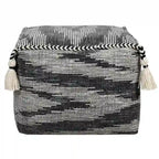 Gray Geometric Pouf Ottoman - Cotton Cube Footstool with Tassels