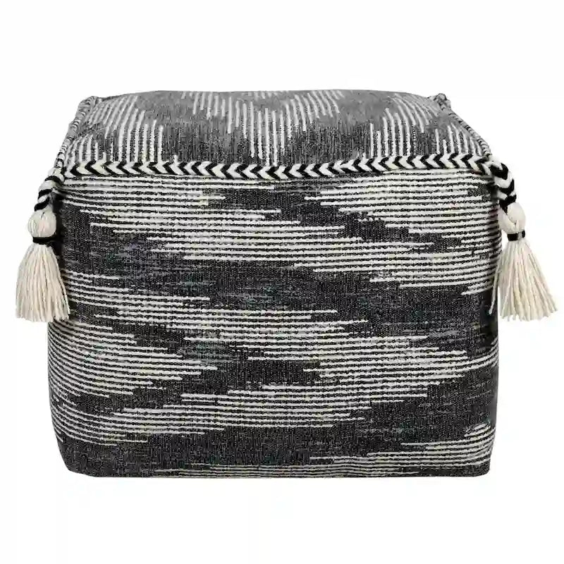 Gray Geometric Pouf Ottoman - Cotton Cube Footstool with Tassels