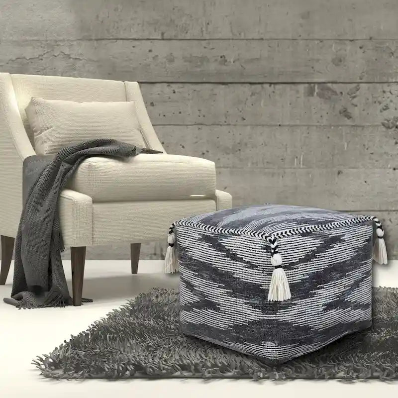 Gray Geometric Pouf Ottoman - Cotton Cube Footstool with Tassels