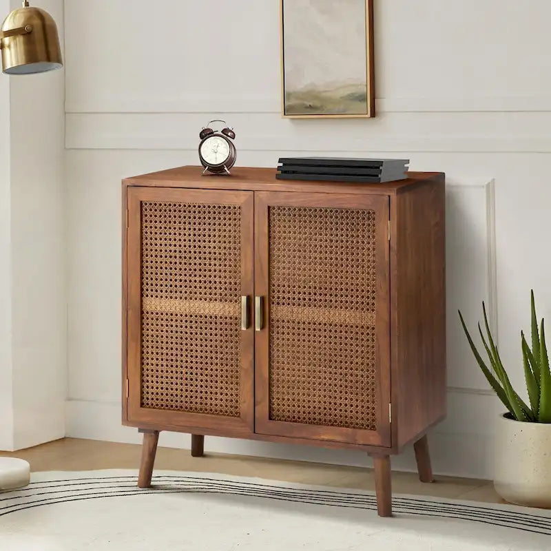 2-Door Accent Cabinet with Rattan Doors - Cherry Wood