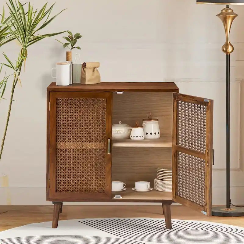 2-Door Accent Cabinet with Rattan Doors - Cherry Wood