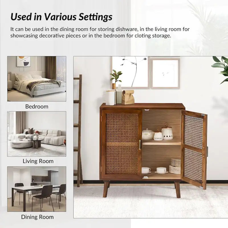 2-Door Accent Cabinet with Rattan Doors - Cherry Wood