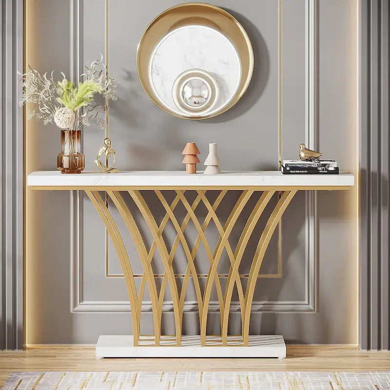 White Faux Marble Console Table with Gold Metal Frame for Entryway