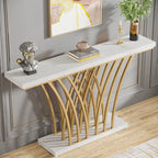 White Faux Marble Console Table with Gold Metal Frame for Entryway