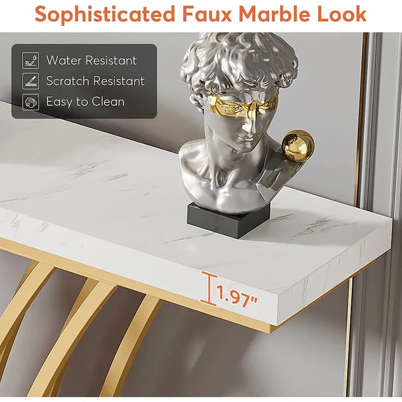 White Faux Marble Console Table with Gold Metal Frame for Entryway