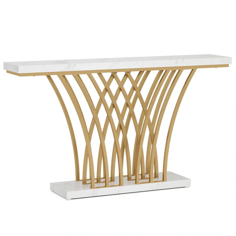 White Faux Marble Console Table with Gold Metal Frame for Entryway
