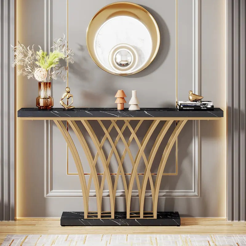 White Faux Marble Console Table with Gold Metal Frame for Entryway