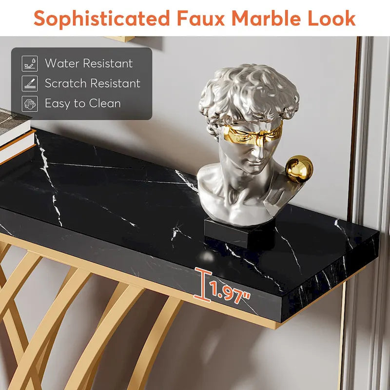 White Faux Marble Console Table with Gold Metal Frame for Entryway