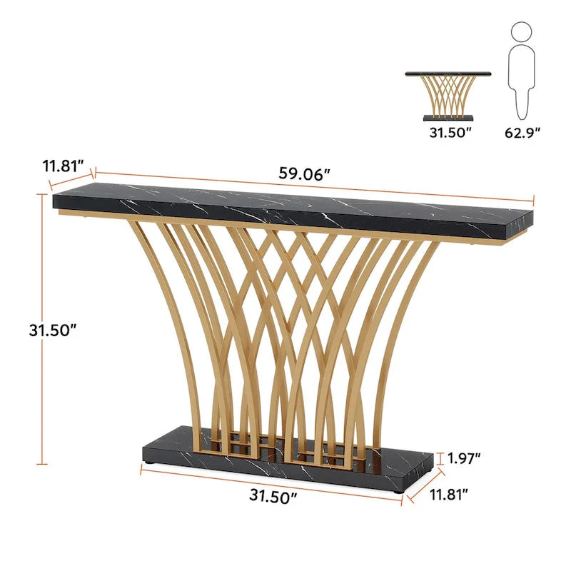 White Faux Marble Console Table with Gold Metal Frame for Entryway