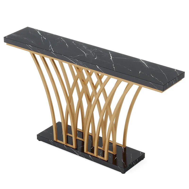 White Faux Marble Console Table with Gold Metal Frame for Entryway