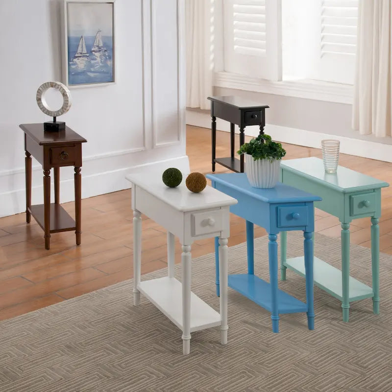 White Wood Narrow Side Table with Drawer and Shelf