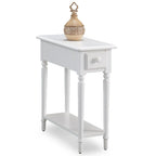 White Wood Narrow Side Table with Drawer and Shelf