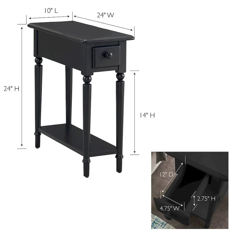 White Wood Narrow Side Table with Drawer and Shelf