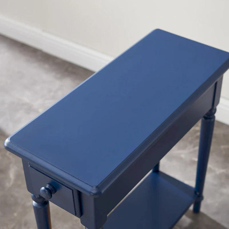 White Wood Narrow Side Table with Drawer and Shelf