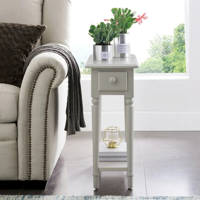 White Wood Narrow Side Table with Drawer and Shelf