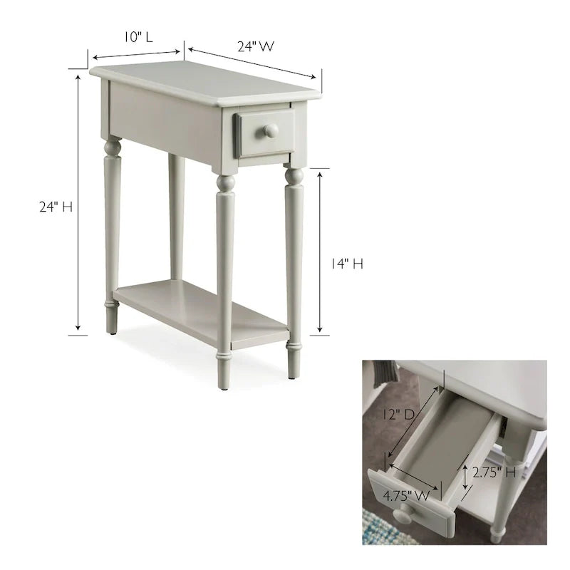 White Wood Narrow Side Table with Drawer and Shelf